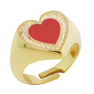 Anillo amarillo corazon,  centro esmaltado rojo y piedras