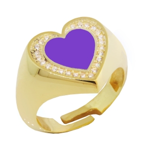 Anillo corazon amarillo, centro esmaltado violeta y piedras