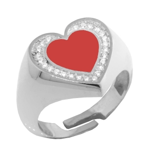Anillo blanco corazon, centro esmaltado rojo y piedras