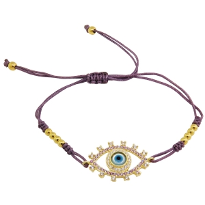 Pulsera ojito con piedras, amarilla, hilo violeta, ajustable