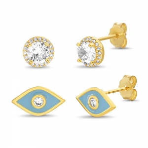 Par aros doble, amarillos, ojito esmaltado turquesa, y piedra