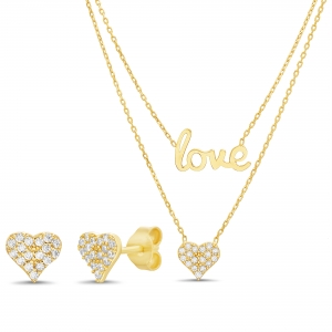Conjunto doble, amarillo, love y corazon, mas par aros pavee corazon