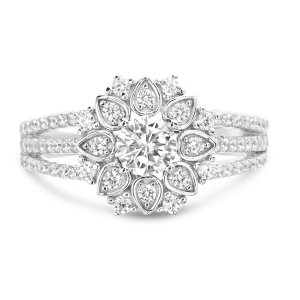 Anillo tipo solitario flor, tres filas, piedras blancas