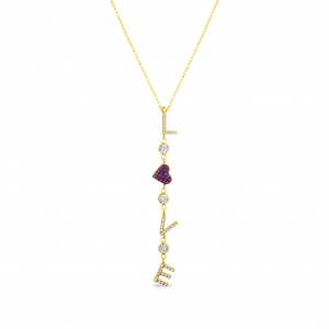 Conjunto Love amarillo colgante, con corazon rodio negro y piedras rosadas