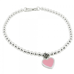 Pulsera de bolitas 3 mm con corazon esmalte rosa