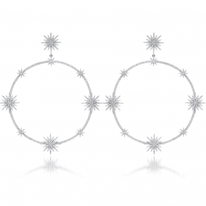 Par aros premium, argollas, colgantes, estrellas, pavee, blancos. Diametro: 6,5 cm
