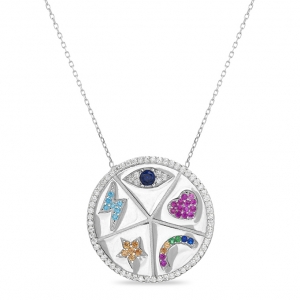 Conjunto medalla, simbolos, piedras de colores 