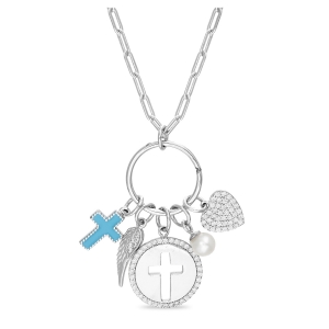 Conjunto arandela con dijes colgantes, cruz esmaltada, alita, medalla cruz, perla y corazon pavee