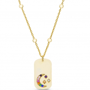 Conjunto medalla piedras mulicolor, cadena con bolitas. Amarillo