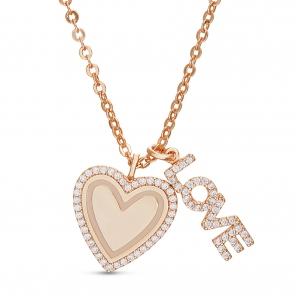 Conjunto corazon virola de piedras, love, rosado