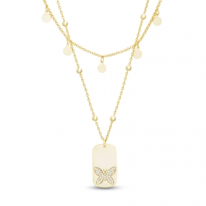 Conjunto doble cadena, medalla mariposa, medallitas redondas, amarillo