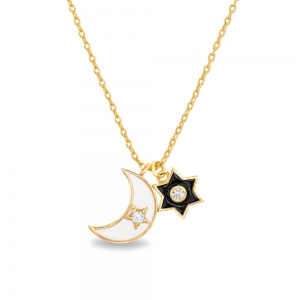 Conjunto lunita y estrella, esmalte blanco y negro, amarillo