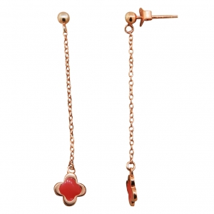 Par aros largos, cadenita, flor esmaltada, rosados