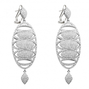 Par aros linea premium, colgantes, ovalados, pavee, blancos, cierre pasante y clip