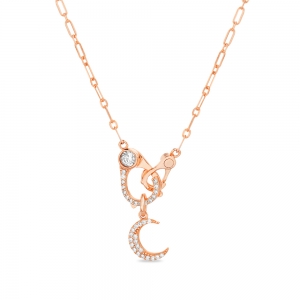 Conjunto doble mosqueton rosado, con lunita, piedras blancas