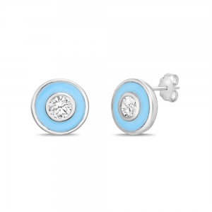 Par aros ojito , piedra y esmalte celeste