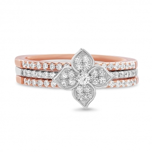 Anillo triple, flor en el centro con piedras, rosado y blanco