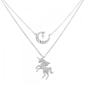 Conjunto doble cadenita, unicornio, luna, piedras blancas