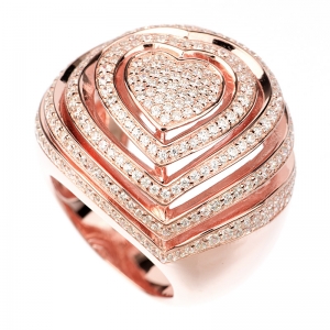 Anillo linea premium, rosado,  bombe, corazon, calado, piedras blancas