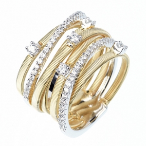 Anillo linea premium, amarillo, 5 tiras hilo retorcido, grifas, piedras, y dos tiras medio sin fin