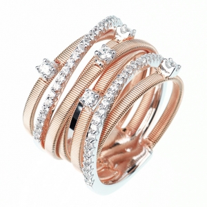 Anillo linea premium, rosado, 5 tiras hilo retorcido, grifas, piedras, y dos tiras medio
