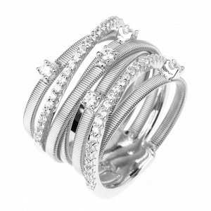 Anillo linea premium, blanco, 5 tiras hilo retorcido, grifas, piedras, y dos tiras medio sin fin