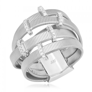 Anillo linea premium, blanco, 5 tiras anchas con trabas de piedras