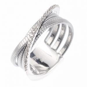 Anillo linea premium, rodio blanco, 3 tiras hilo retorcido, una de piedras cruzada