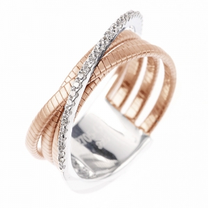 Anillo linea premium, rosado, 3 tiras hilo retorcido, una de piedras cruzada