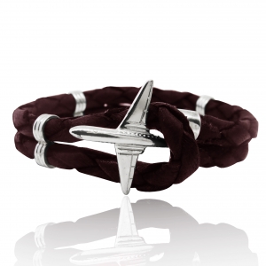 PPPulsera doble cuero trenzado marron, con trabas y cierre dije avion