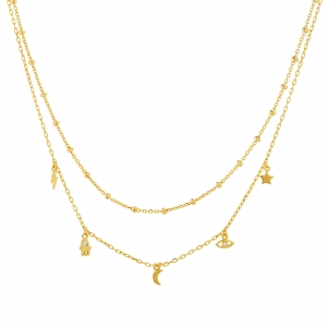 Conjunto doble amarillo, cadena con bolitas y cadena con dijes rayo, luna, estrella y ojito y manito con piedras