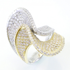 Anillo linea premium, ondeado, pavee, amarillo y blanco