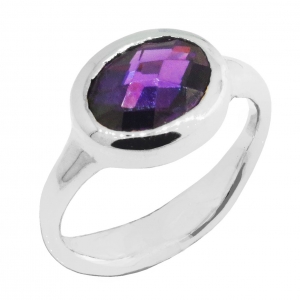 Anillo oval cuerpo moldeado, piedra amatista, platabella