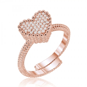 Anillo corazon linea premium, bolitas, pavee, abierto, rosado
