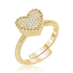 Anillo corazon linea premium, bolitas, pavee, abierto, amarillo