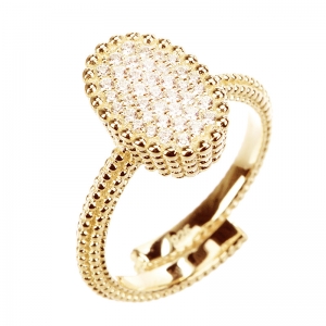 Anillo ovalado linea premium, bolitas, pavee, abierto, amarillo