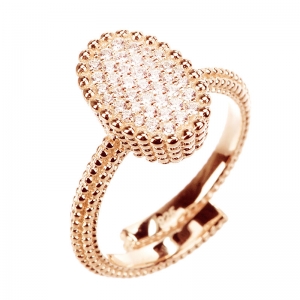 Anillo ovalado linea premium, bolitas, pavee, abierto, rosado
