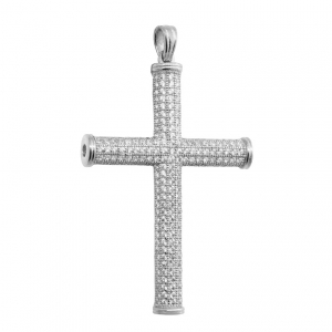 Colgante cruz premium, blanca, pavee, calada detras