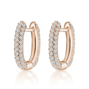 Par aros linea premium, argollitas, ovaladas, pavee rosadas. Largo aprox 13 mm