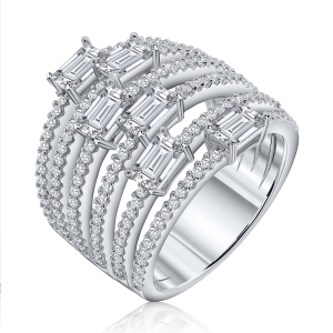 Anillo linea premium, ancho, 6 tiras de piedras, baguettes, blanco