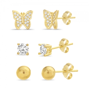 Triple par aros , mariposa, piedra y bolita, amarillo