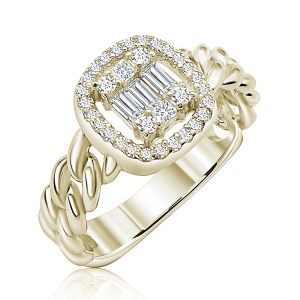 Anillo linea premium, eslabonado, solitario, piedras redondas, baguettes y carre, amarillo