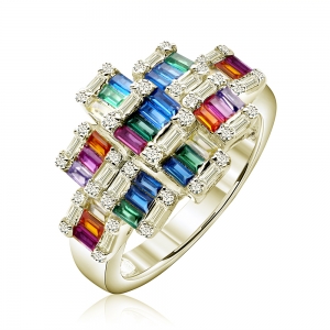 Anillo linea premium, piedras baguettes multicolor, amarillo