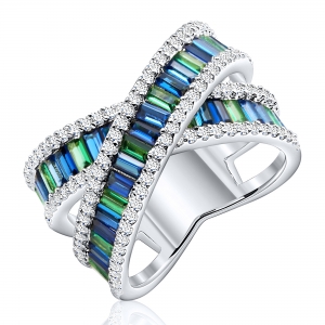 Anillo linea premium, cruzado, piedras baguettes azules y verdes