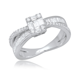 Anillo linea premium, solitario de piedras baguettes, doble, cruzado 