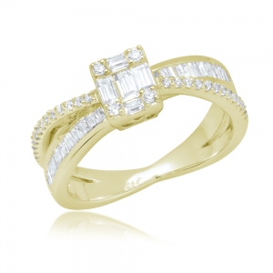 Anillo linea premium, solitario de piedras baguettes, doble, cruzado, amarillo