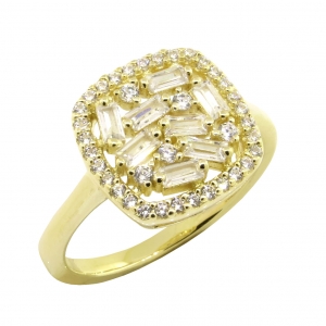 Anillo linea premium, cuadrado con piedras baguettes, amarillo