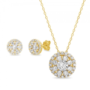 Conjunto y par aros redondos, flor, con piedras, amarillo