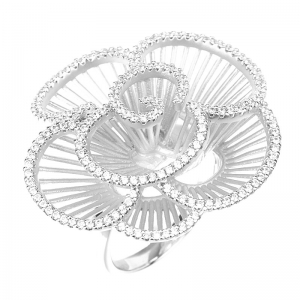 Anillo linea premium, flor, calada, satinada, con piedras, blanco