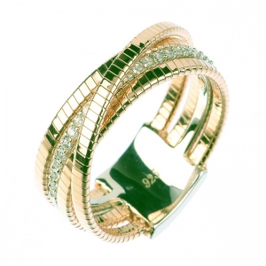 Anillo linea premium, tiras hilo retorcido, pulido, con piedras, amarillo